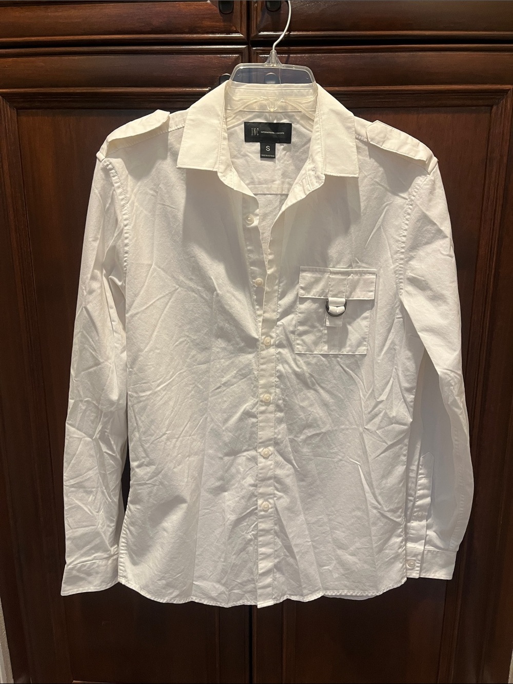 INC International Concepts White Long-Sleeve Button-Down Shirt with Chest Pocket